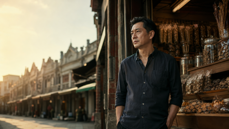 一位四十多歲的男子獨自站在台北大稻埕迪化街的南北貨老店門口，巴洛克老屋與乾貨背景虛化，神情沉思孤單