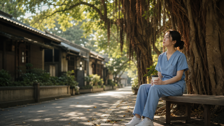 一位穿護理師服的年輕女子傍晚獨自坐在台北青田街日式老宿舍旁的木長椅上，樹影灑落、神情疲憊卻放鬆