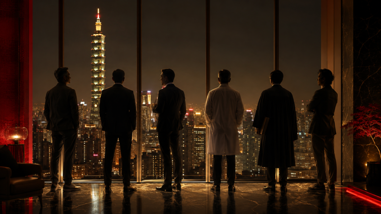六個穿著不同專業服裝的成熟男性剪影並列，台北夜景為背景、金紅色調，象徵台北糖爹六種類型