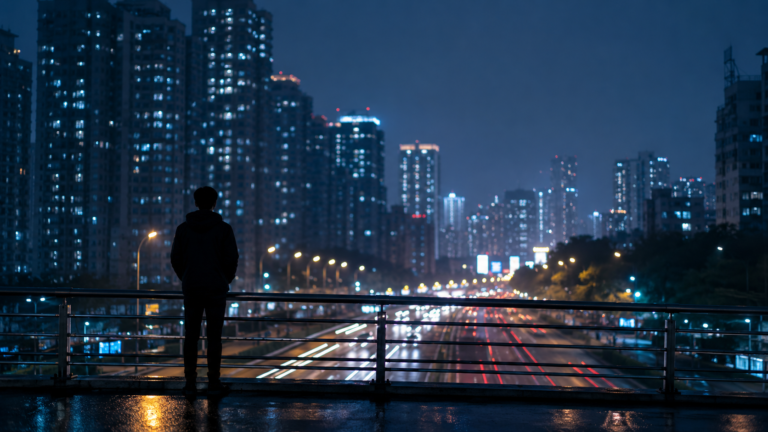 一個孤獨身影夜裡站在台北天橋上，車流光軌與高樓燈火背景虛化，象徵都會人群中的疏離孤獨